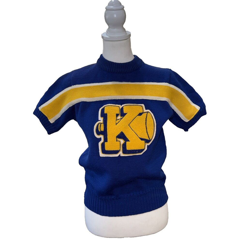 Vintage 70s Collegiate Cheerleader Varsity Wool Sweater Blue Yellow Stripe K USA